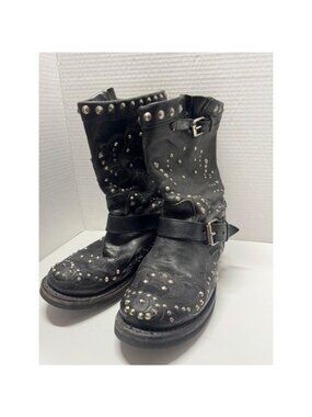 ASH Black Studded Leather Moto Biker Boots Western Embossed 39 Made in Mexico